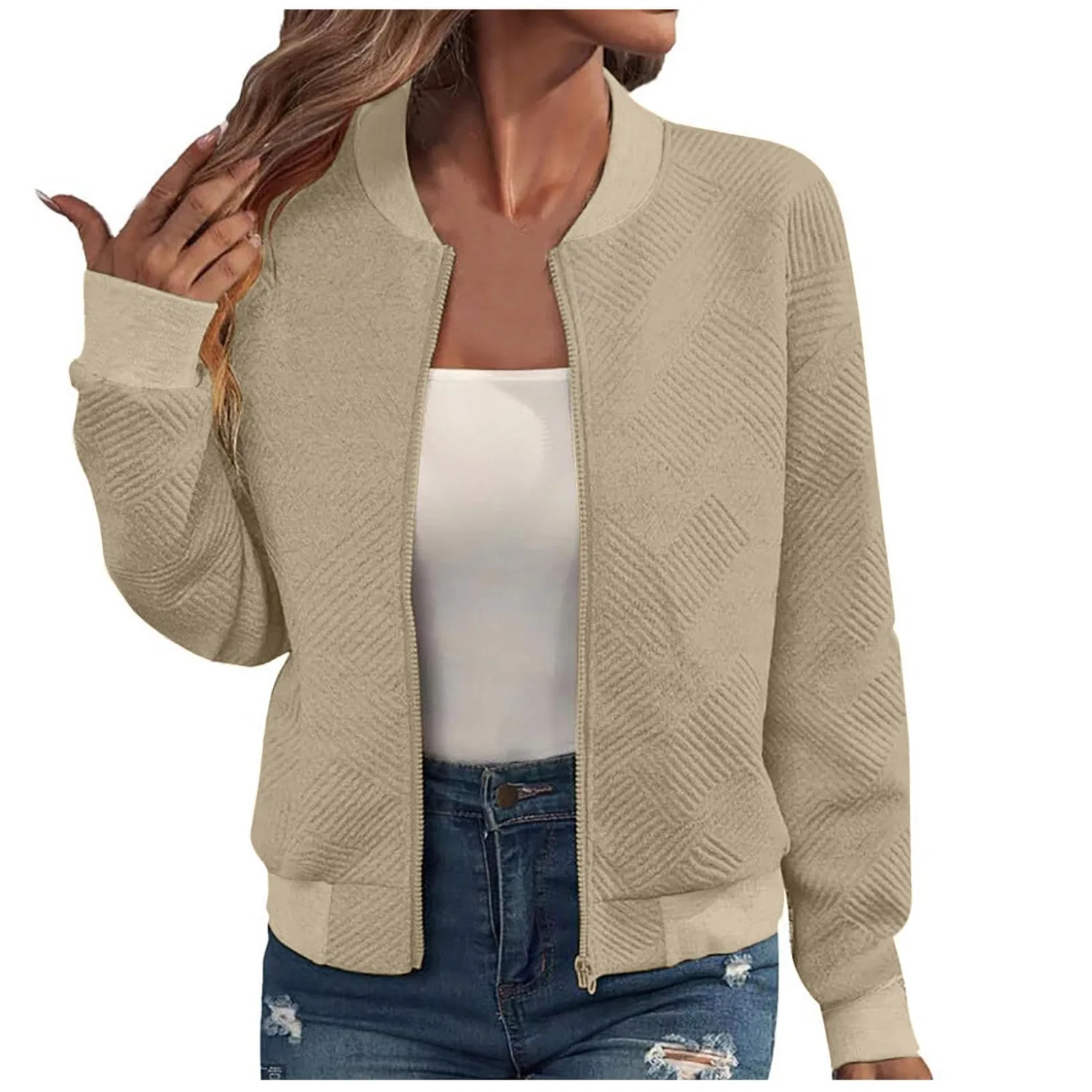 Женская куртка-бомбер с принтом жаккард Bomber Jackets Women Elegant Knitted Jacquard Zip Up Flight Jackets, Beige