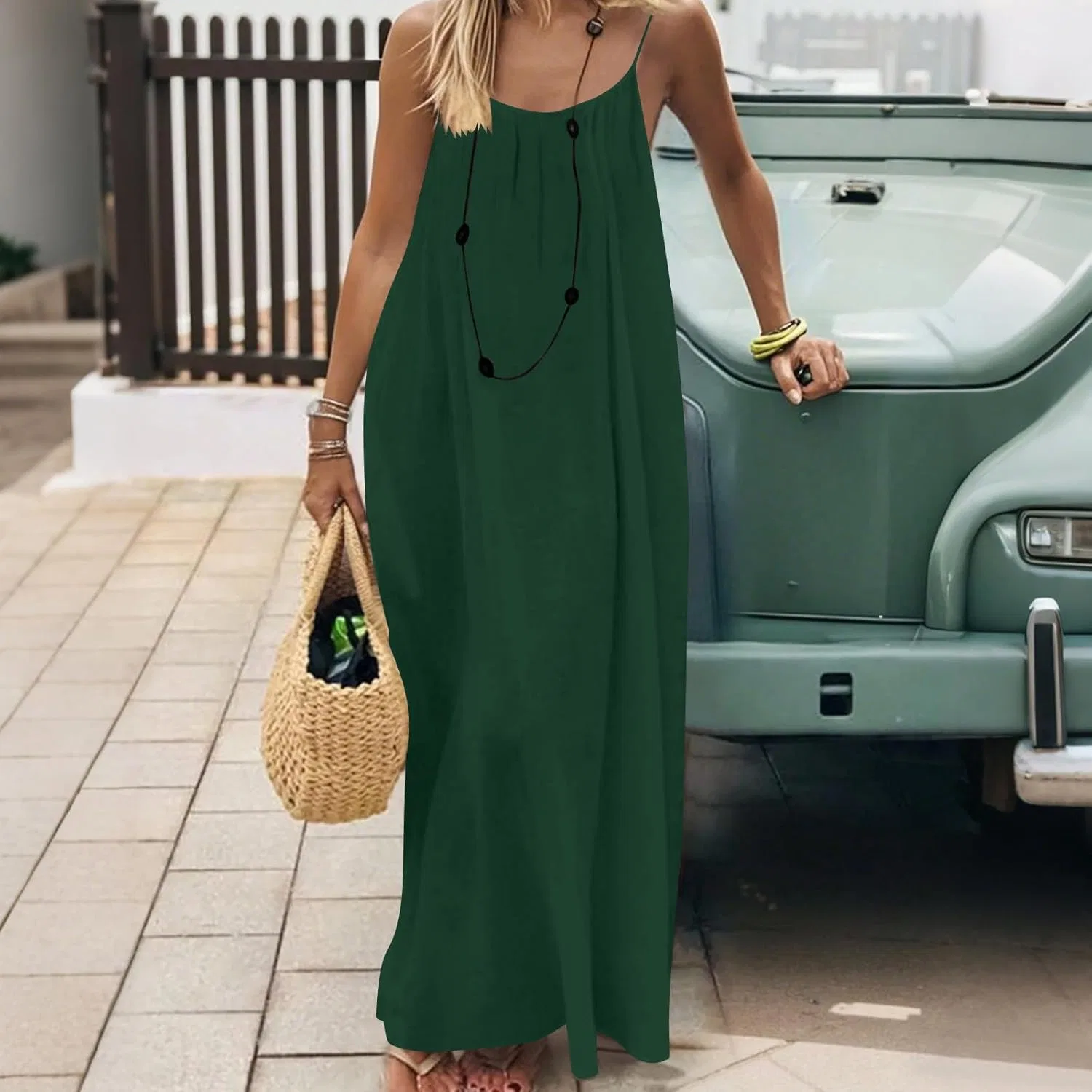 Повседневное летнее платье с открытой спиной на бретелях, Army Green — фото 3