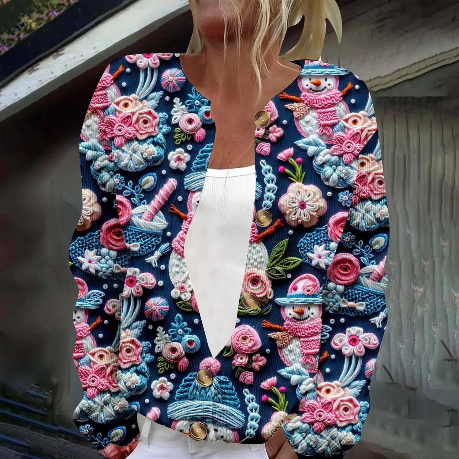 Женский кардиган с принтом Elegante cardigan casual con stampa e abbottonatura, Blu N. 16 — фото 2