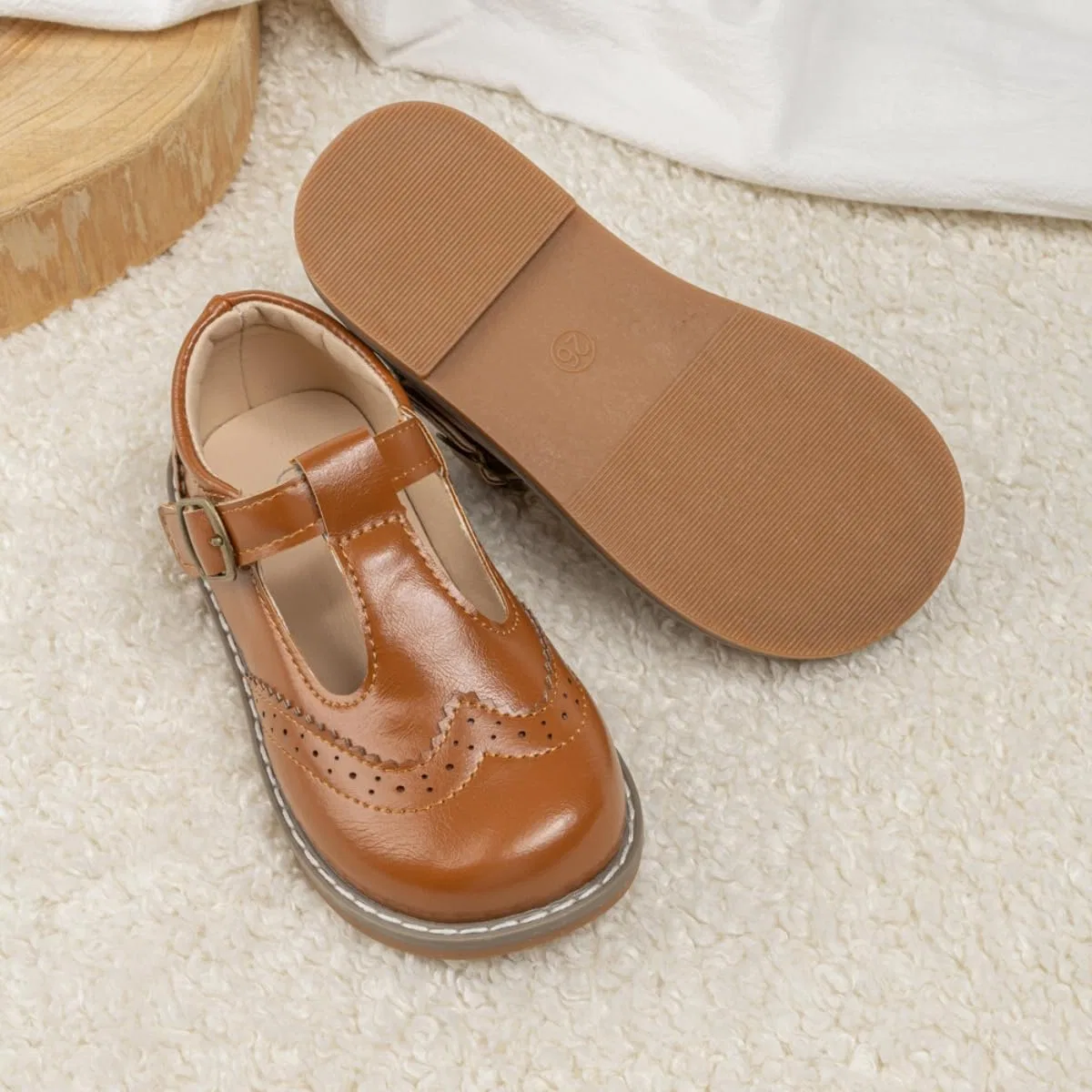 Детские туфли-балетки для девочек с бантом Mary Jane Bellocasa, Light Brown — фото 4