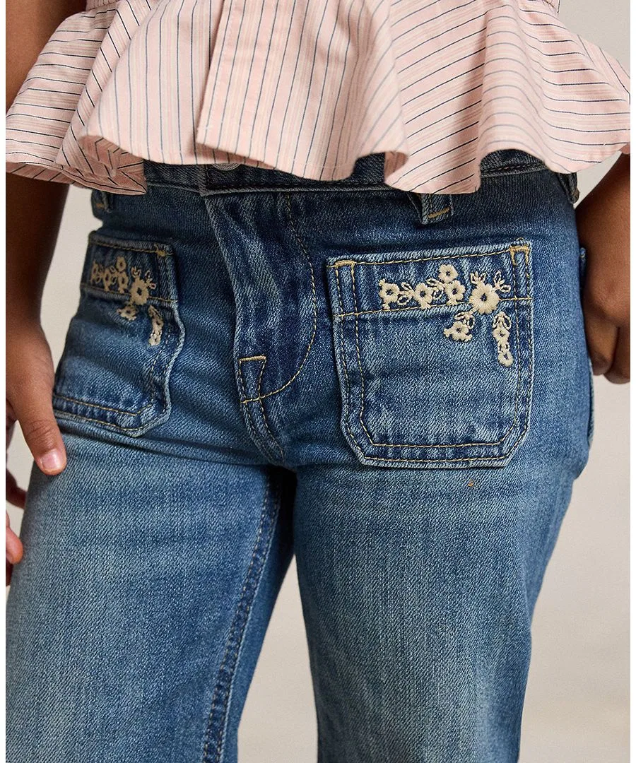 Джинсы с вышивкой и клешем из хлопка, модель Embroidered Flared Cotton Denim Jeans Polo Ralph Lauren, Tulare Wash — фото 3