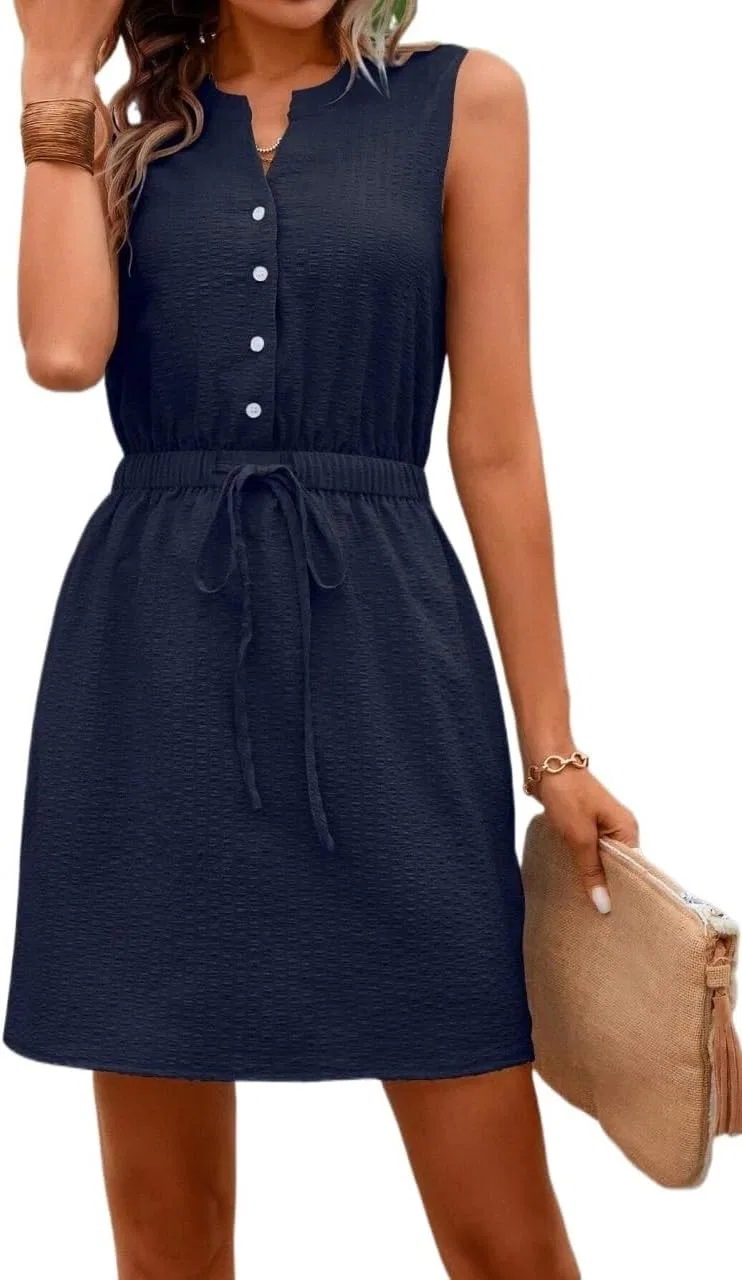 Женское приталенное платье без рукавов с пуговицами, High Waist Flared, Navy Blue
