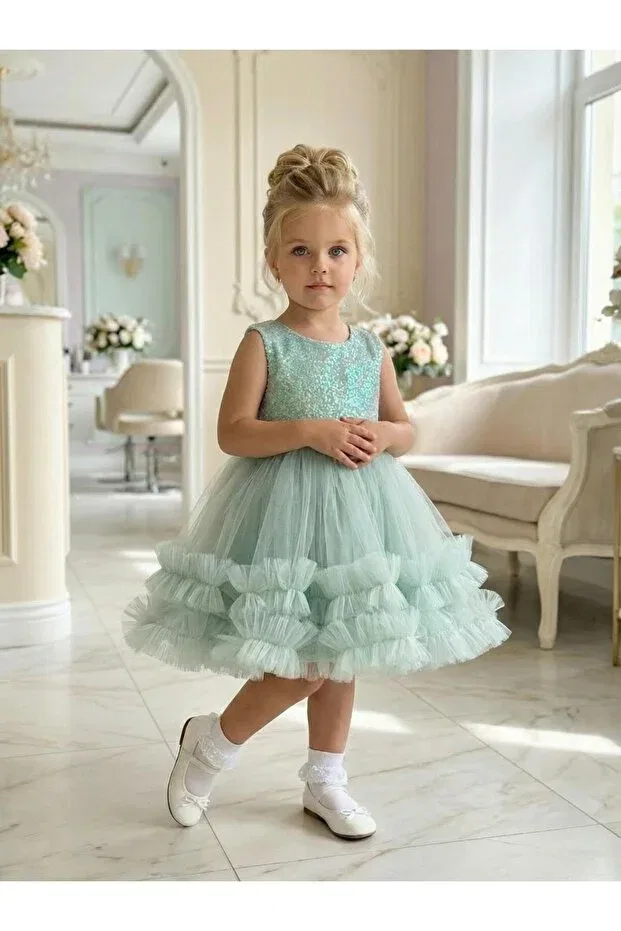 Детское платье для девочек с пайетками с принтом Butikhappykids, Green