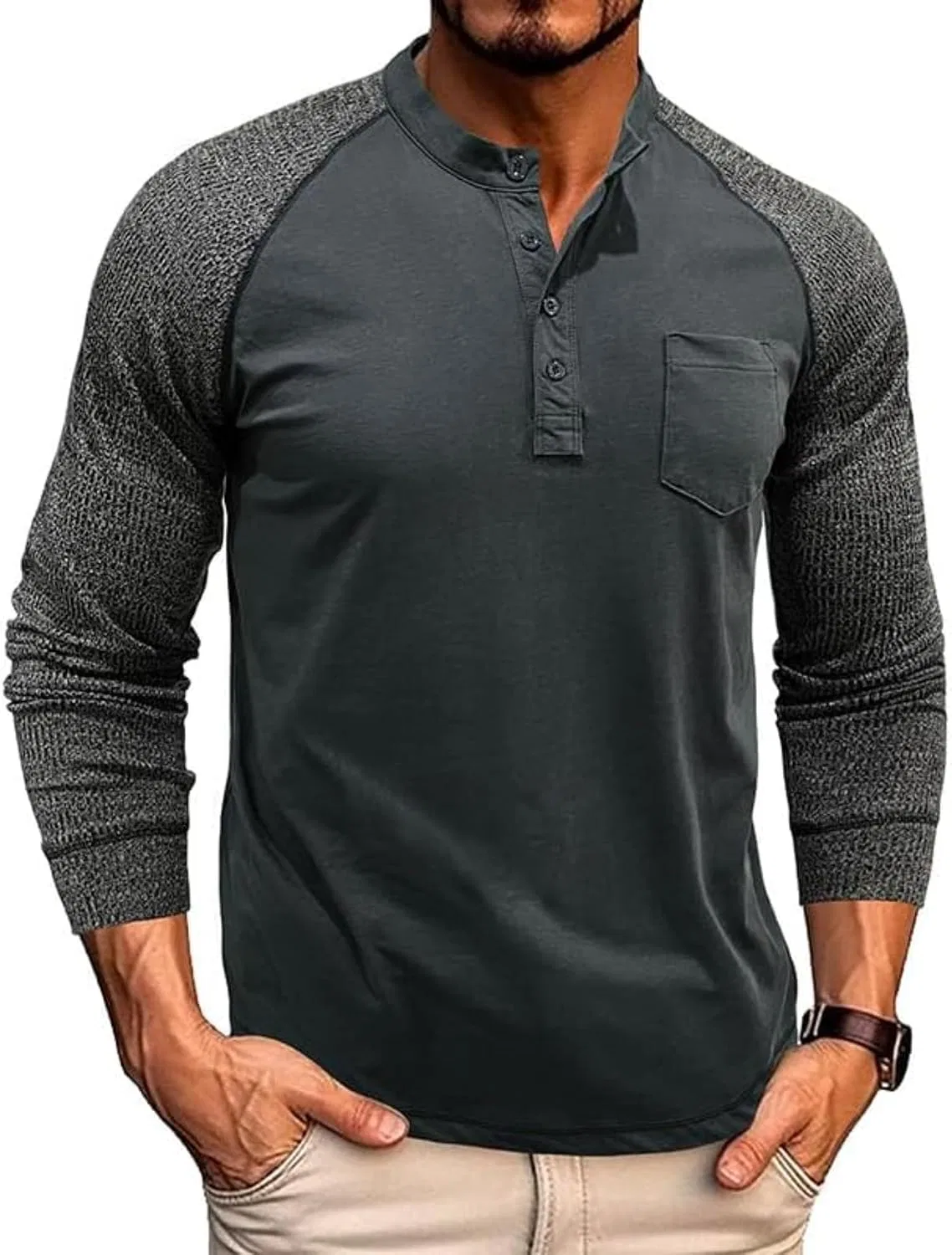 Мужская хлопковая футболка с длинным рукавом Henley, Dark Gray