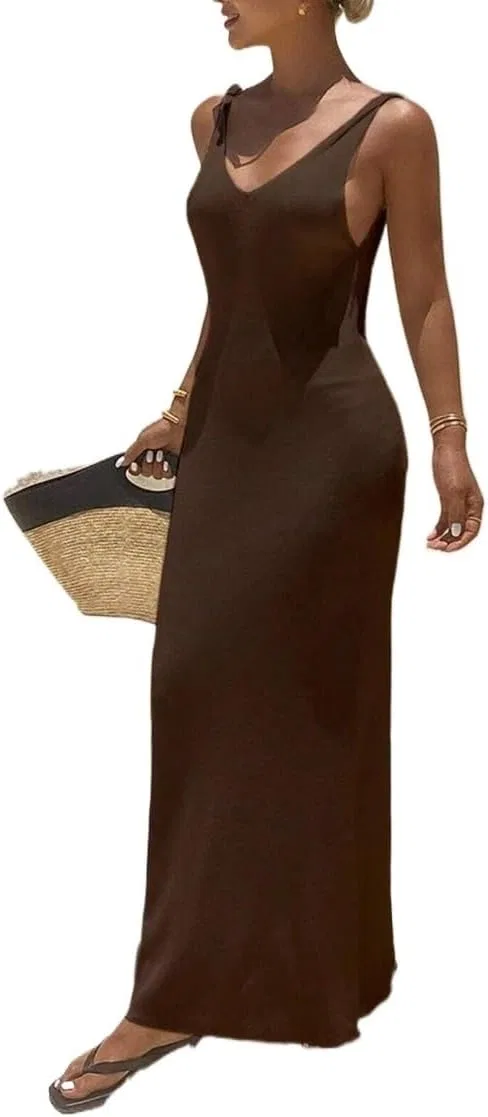 Женское повседневное платье-свитер V-neck Knit Dresses, Coffee Brown