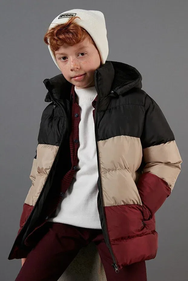 Детское зимнее пальто плюшевое с капюшоном Lela, Black-Stone-Burgundy