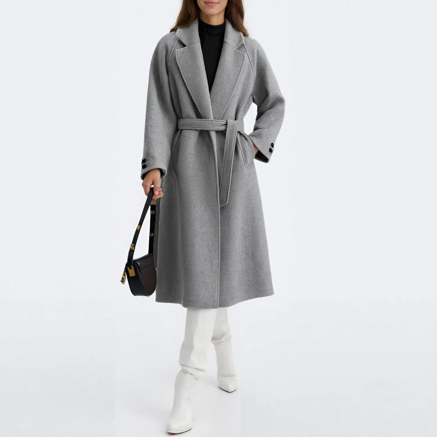 Женское длинное пальто с шалевым воротником и поясом, Grigio — фото 2