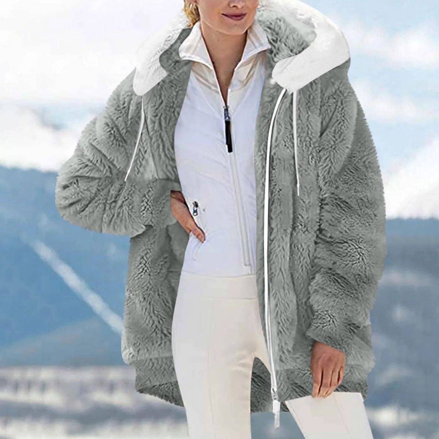 Женский флисовый жакет с принтом Faux Fur Cardigan Coat, grey — фото 2
