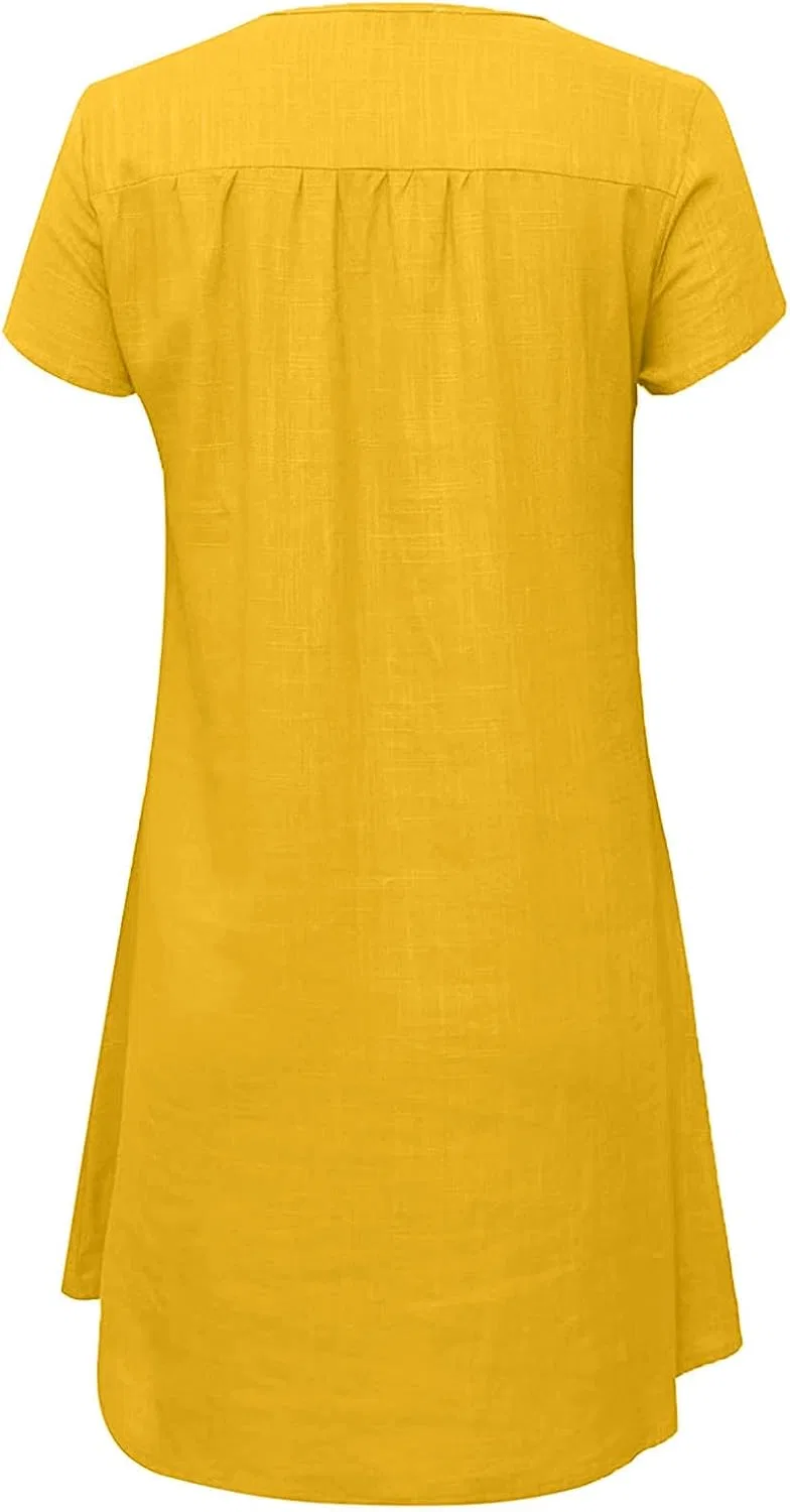 Женское повседневное платье из льна с V-образным вырезом, Yellow — фото 3