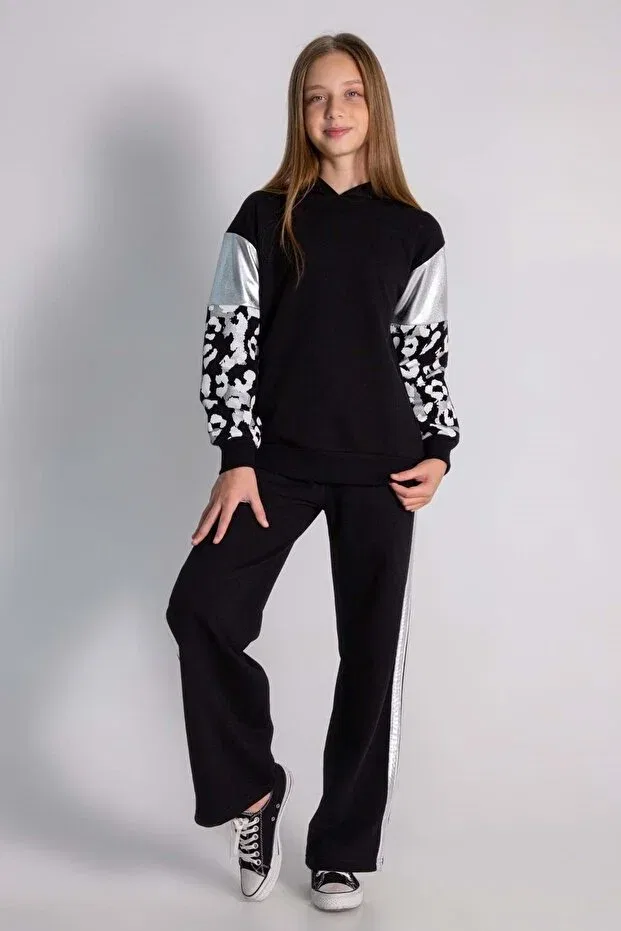 Детский спортивный комплект для девочек с принтом Leopard printed leaf printed hooded Waka Waka, Black