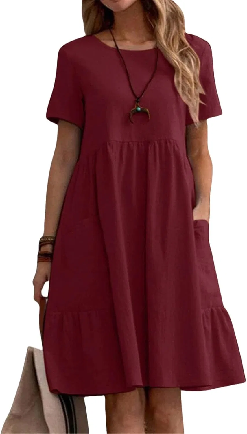 Женское летнее платье миди с коротким рукавом A-силуэта, Wine Red