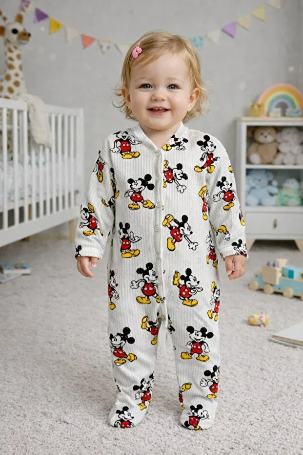 Детский комбинезон для новорожденных с принтом Mickey mouse patterned baby romper with booties and snap fasteners Daphkids, Белый