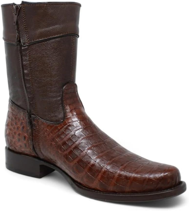 

Мужские настоящие коричневые ботинки западного стиля с круглым носком на молнии из экзотической кожи каймана, кожа брюха крокодила, короткие до щиколотки Generic