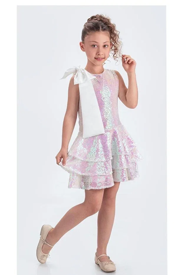 Детское платье для девочек с пайетками Sequin girl's evening dress Moda Açelya, White