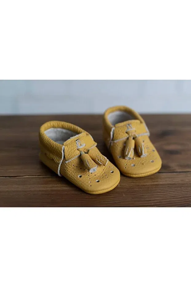 Детские кожаные туфли без застежки с кисточками Olivo Mini, Lemon — фото 4