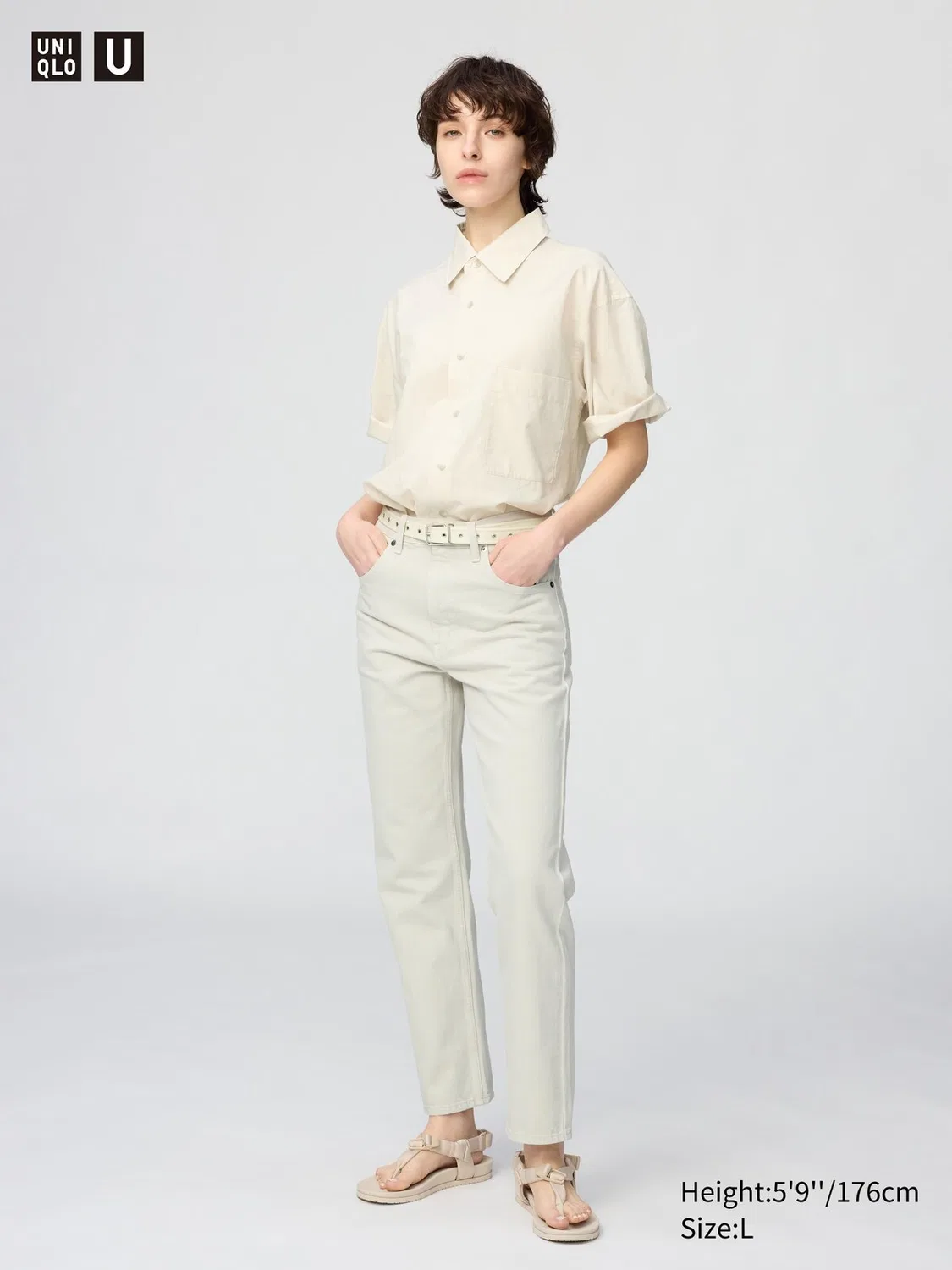 Рубашка Uniqlo, свободный крой с коротким рукавом, натуральный — фото 4