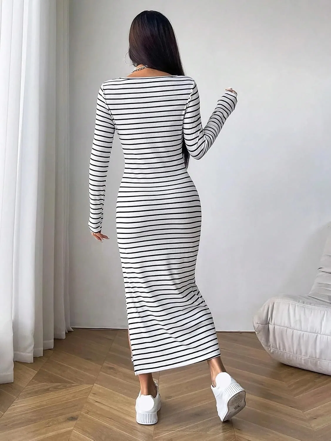 Женское платье миди с квадратным вырезом в полоску Bodycon, Black and White — фото 2