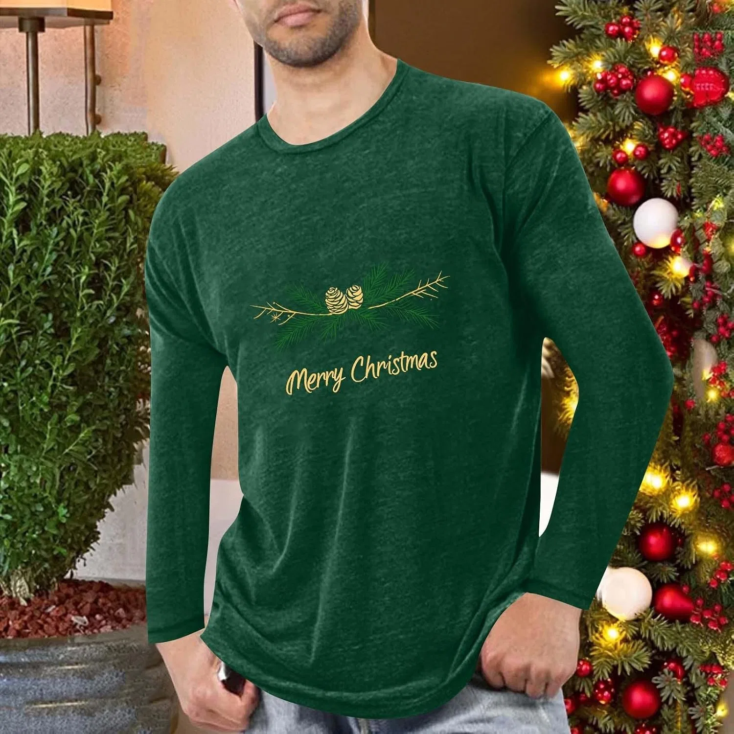 Мужская футболка с рождественским принтом Crewneck Pullover Long Sleeve, Army Green — фото 2