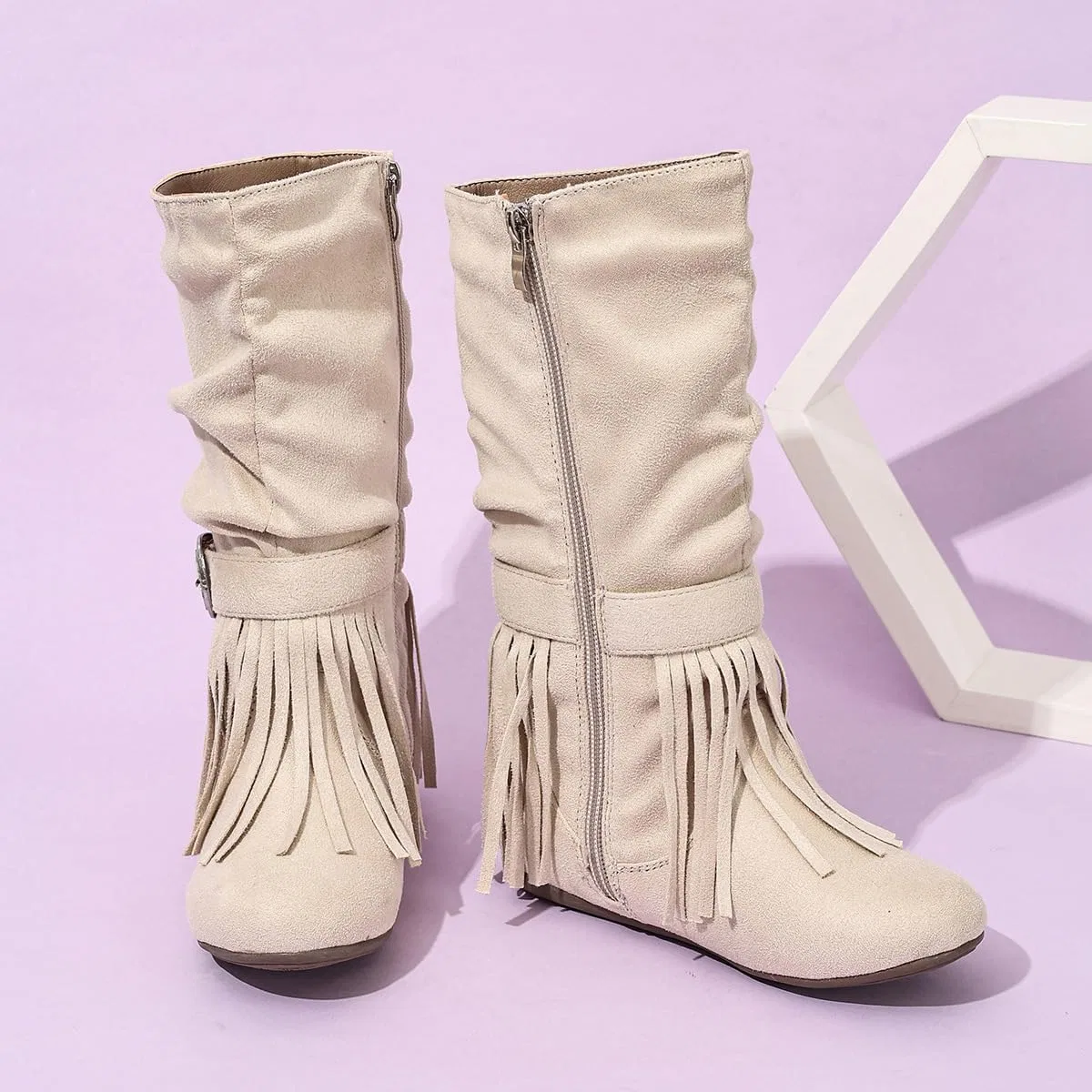 Детские сапоги для девочек с принтом и боковой молнией Retro Tassel Cowboy Auhoho, Beige — фото 2