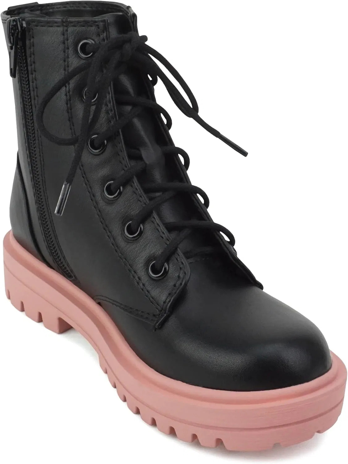 Детские ботинки на шнуровке с молнией из экокожи на тракторной подошве Soda, Black/Mauve — фото 4