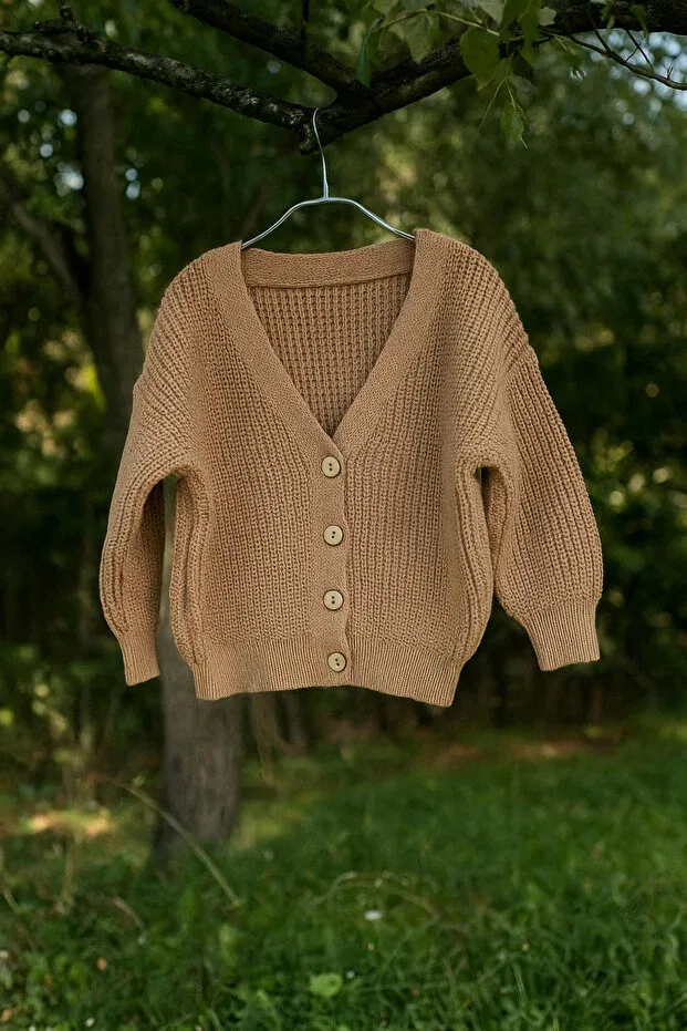 Детский кардиган оверсайз с длинным рукавом Wooden Button Detailed Winter Unisex Knitwear Oversize Children's Cardigan Nimini Kids, Coffee — фото 3