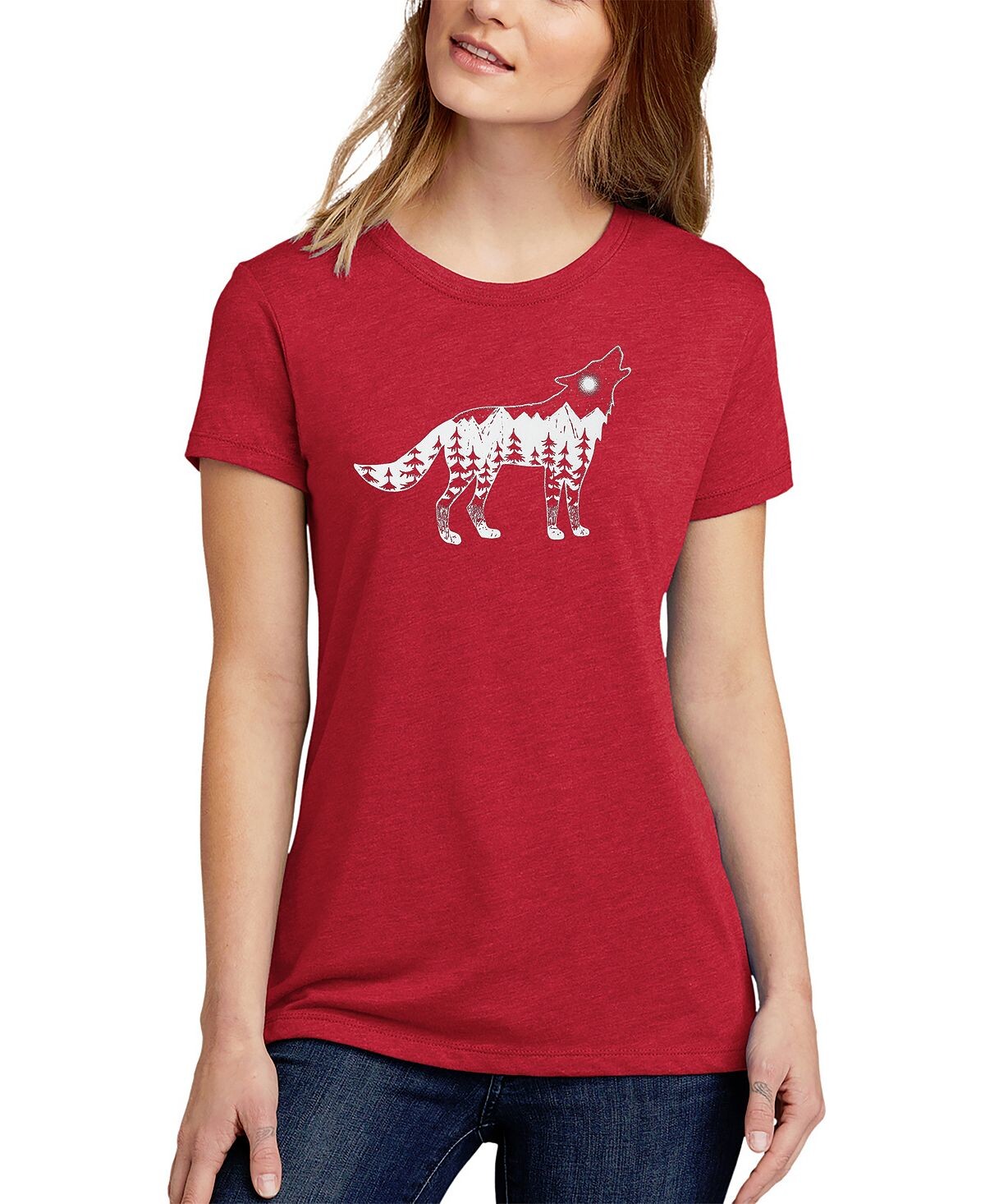 

Женская футболка premium blend howling wolf word art LA Pop Art, красный