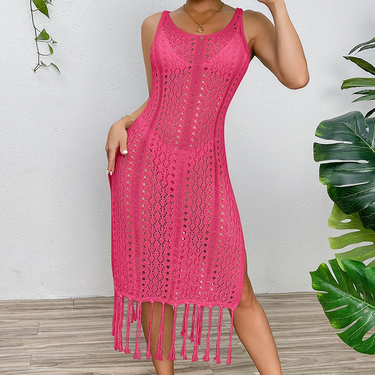 Женское пляжное платье-накидка с бахромой, Hot Pink — фото 4