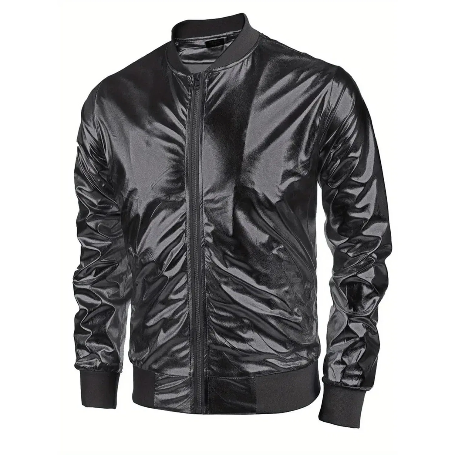 Мужская куртка-бомбер с металлическим блеском, slim fit, на молнии, для вечеринок, Black — фото 3