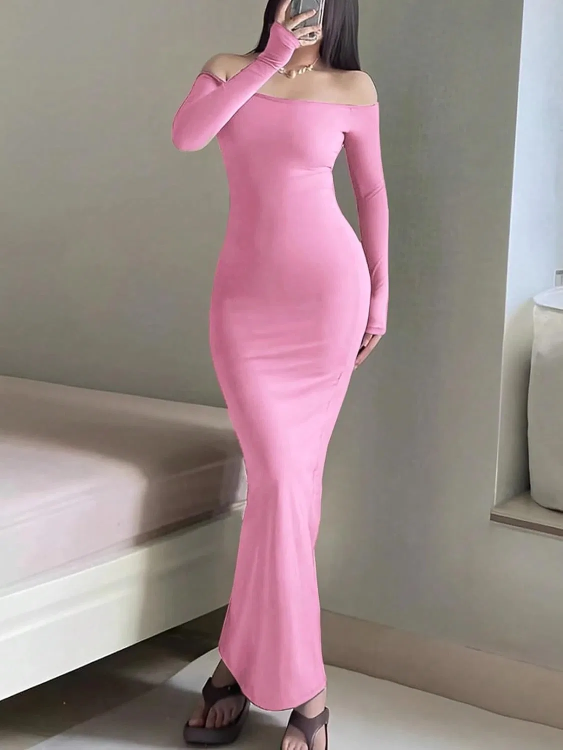 Женское облегающее платье с открытыми плечами Bodycon, Pink — фото 3