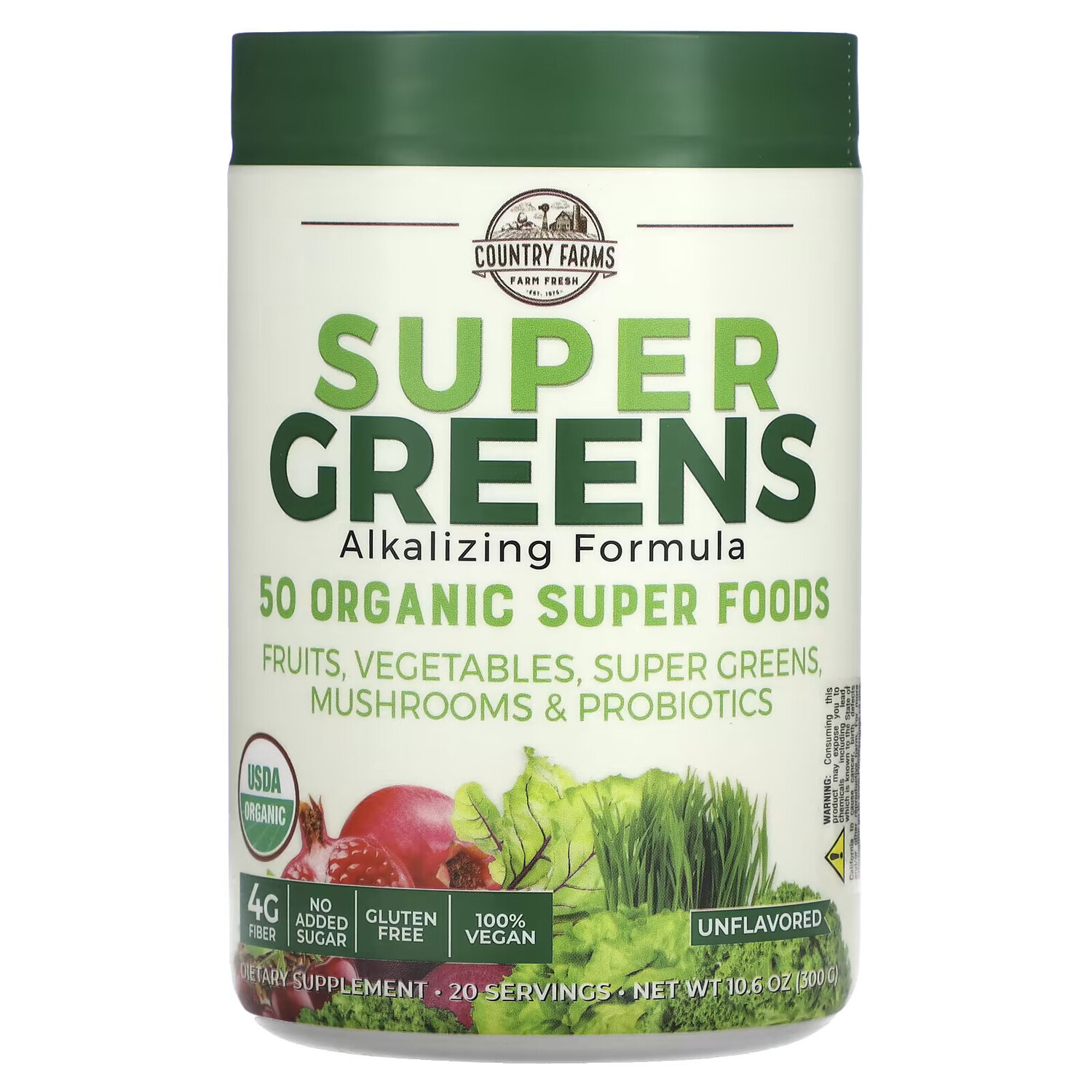 

Country Farms, Super Greens, формула с подщелачивающими травами, с нейтральным вкусом, 300 г (10,6 унции)