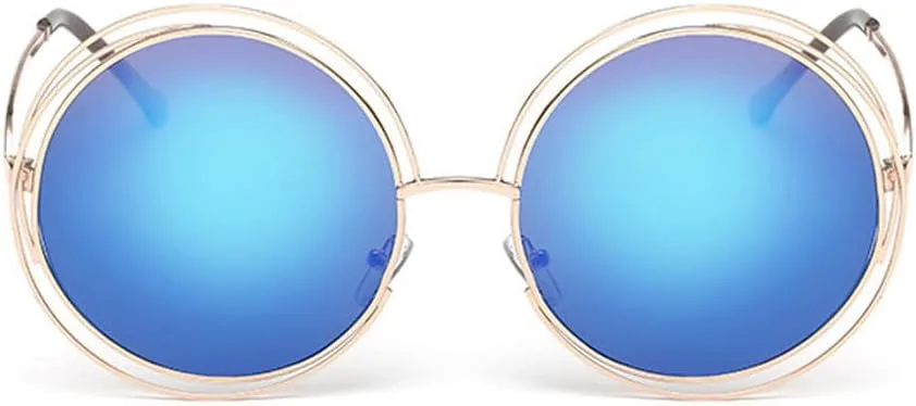 

Винтажные женские круглые солнцезащитные очки, модные женские солнцезащитные очки в металлической оправе с большими линзами, женские защитные очки TKKTLLT, Gold-blue