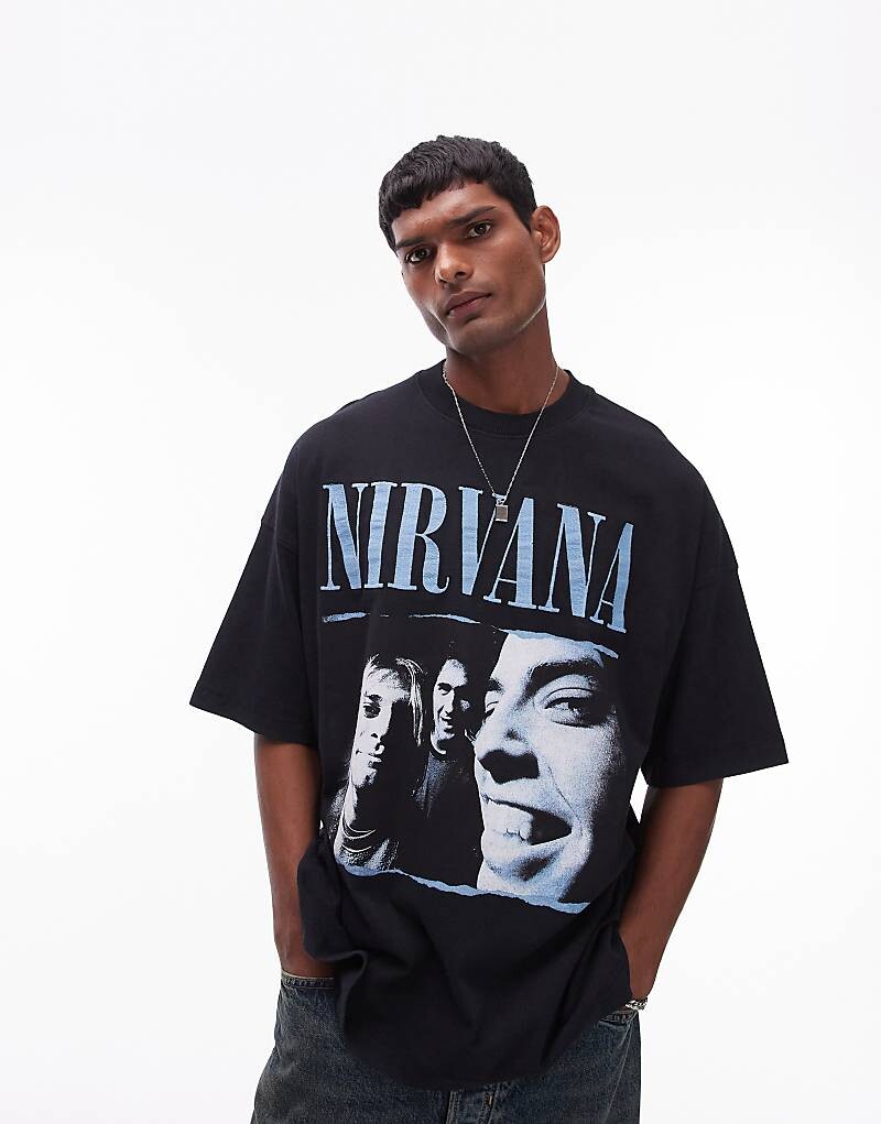

Topman – Черная футболка оверсайз с принтом Nirvana и эффектом стирания