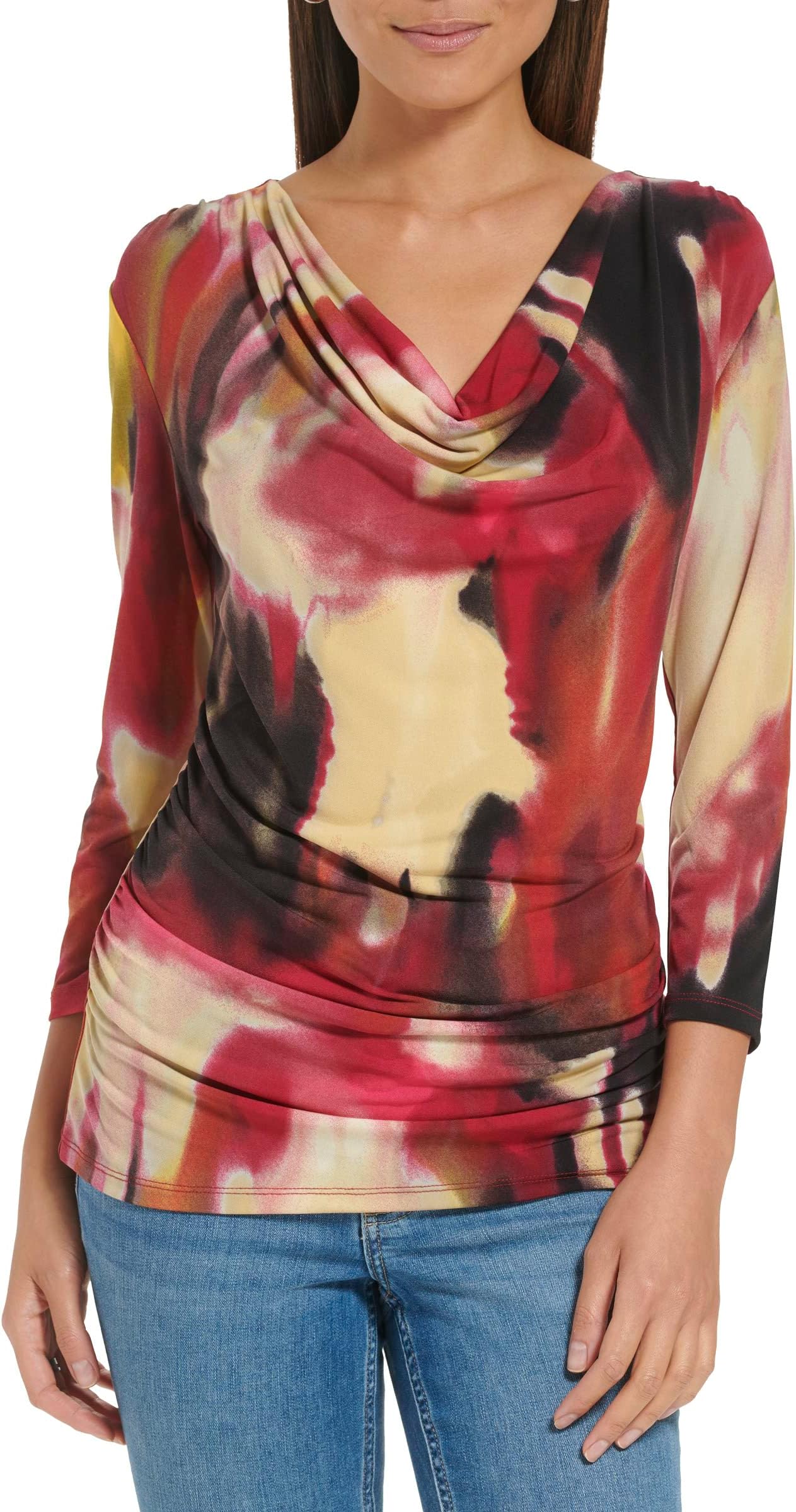 

Лонгслив Calvin Klein Printed Long Sleeve Cowl Front, цвет Cranberry Multi Combo