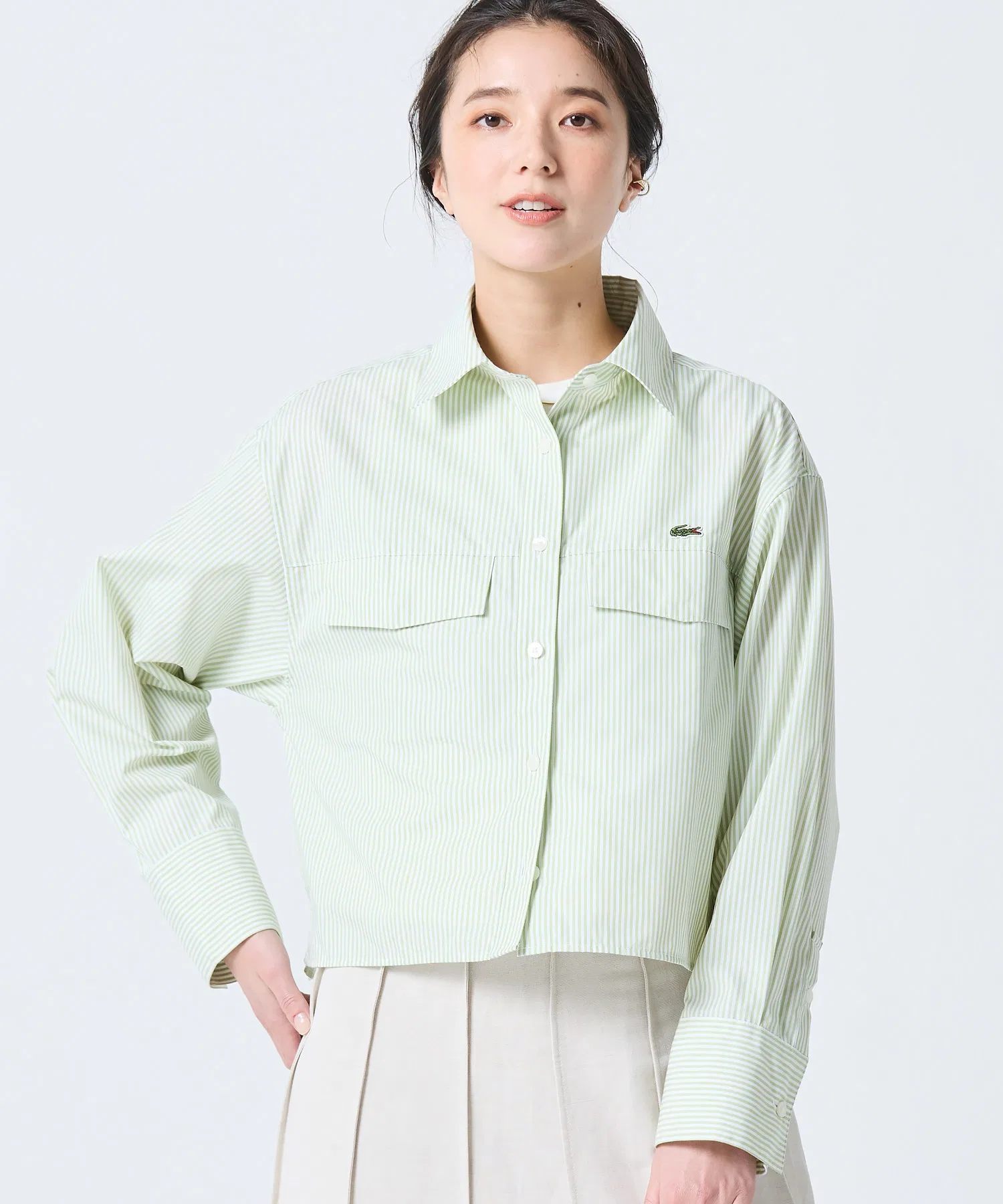 Рубашка LACOSTE укороченная в полоску, Regular Fit, белая