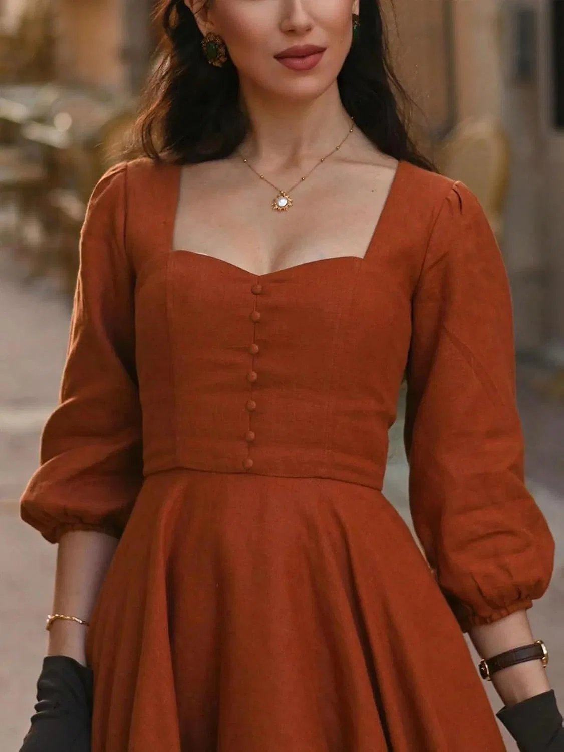 Женское повседневное миди-платье с воротником Casual Retro Waist Fit, Rust Brown — фото 3
