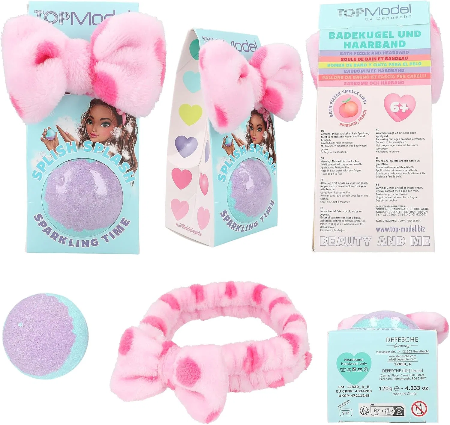 Набор бомбочек для ванны и повязки для волос TOPModel, Depesche, 2 шт, 120 г, Purple-pink, Turquoise-purple — фото 3
