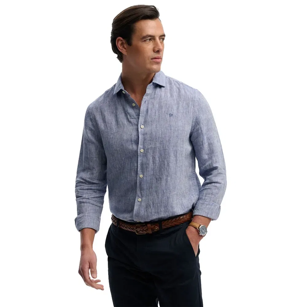 Мужская легкая льняная рубашка с длинным рукавом Riviera Superdry, Blue — фото 4