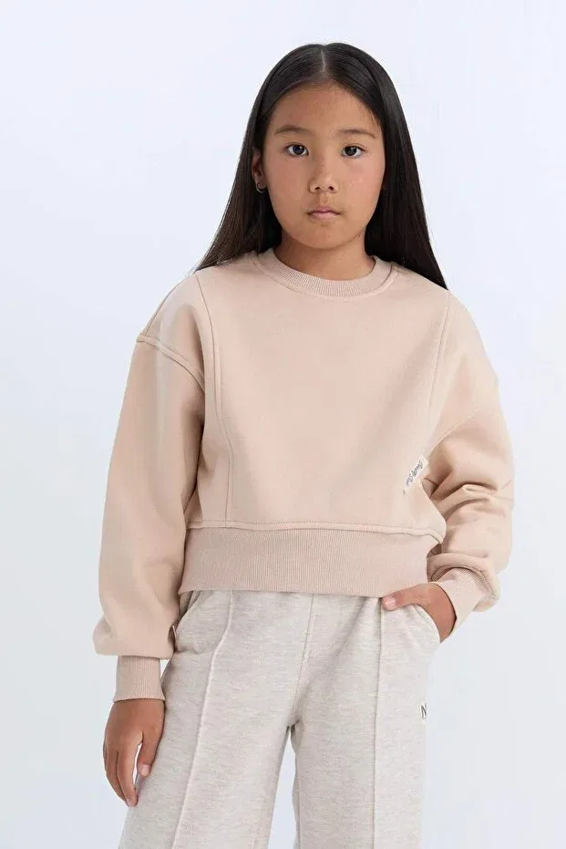 Детские свитшот для девочек хлопковый Relax fit crew neck basic plain soft fleece Defacto, Beige Bg390 — фото 4
