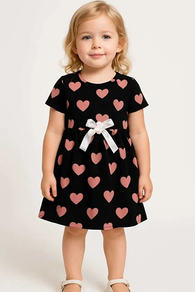 Детское платье для девочек с принтом Comfortable use black heart printed girl's summer combed cotton dress Aden Kids, Black Heart