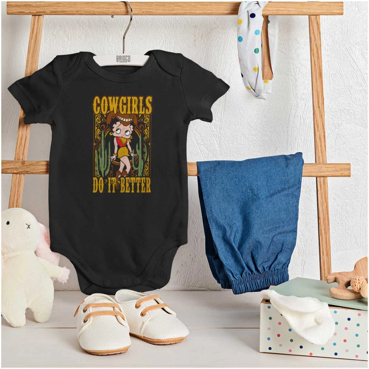 Детское боди для девочек с принтом Betty Boop Cowgirls Do It Better Brisco Brands, Black — фото 3