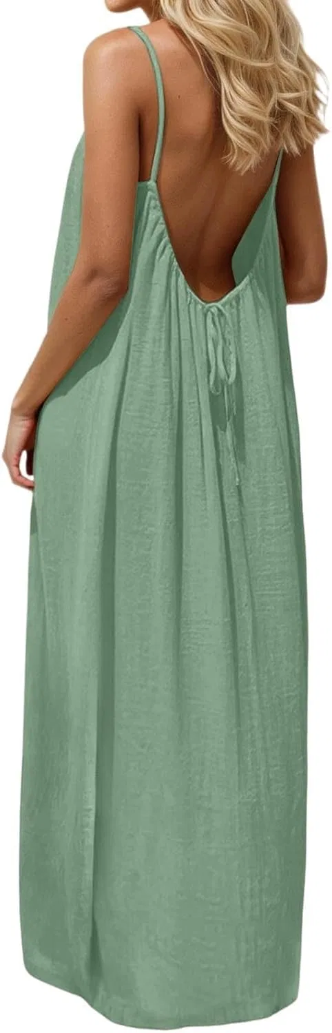 Женское открытое макси-платье на бретелях с открытой спиной Casual Sundress, Light Green