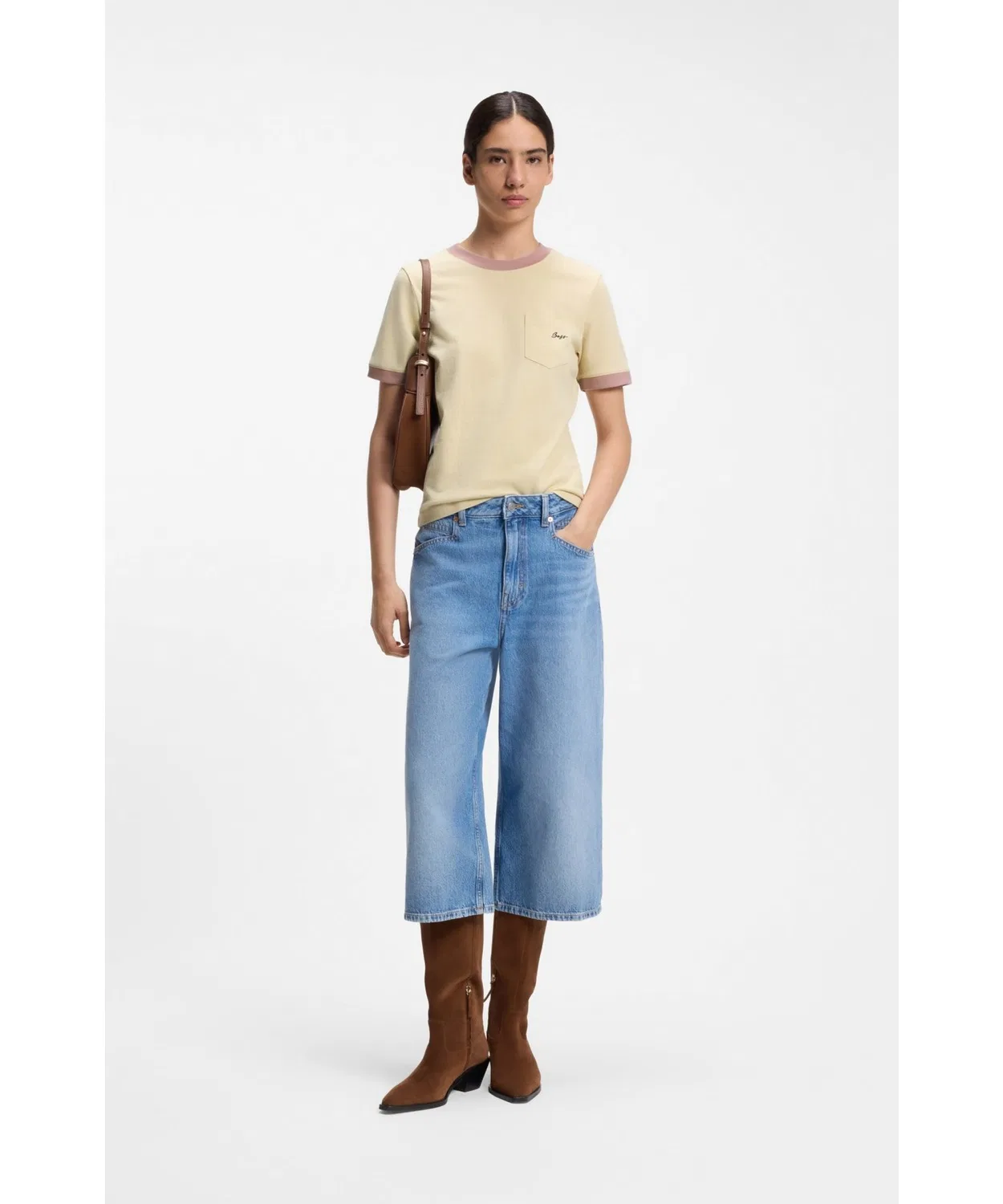 Женская футболка с контрастными rib-деталями Slim Fit BOSS, Camel — фото 3