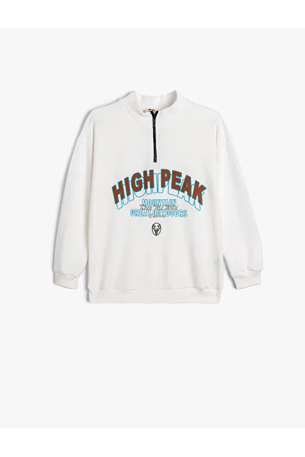 Детские свитшот для мальчиков с принтом Half-Zip sweatshirt with printed stand collar Koton, Ecru