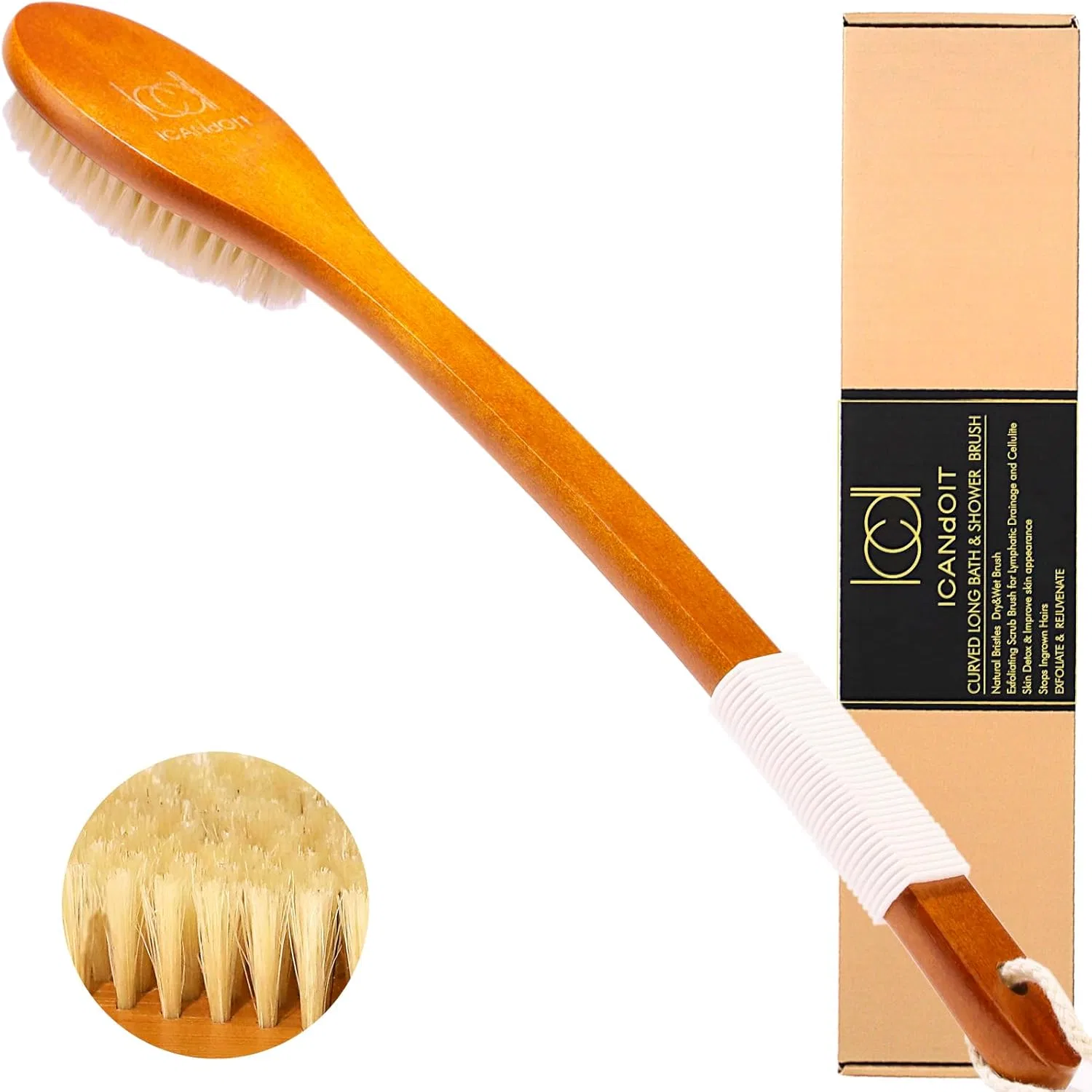 Щетка для душа с изогнутой ручкой, ICANdOIT, натуральная щетина, 45 см