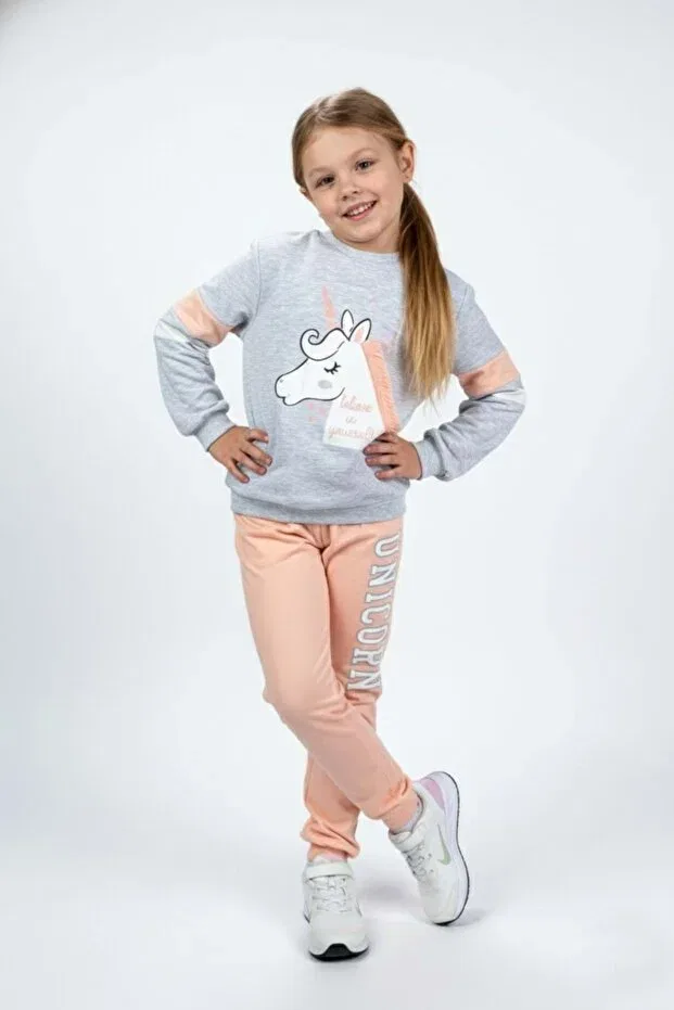 Детский спортивный костюм для девочек с принтом Horned Horse Tracksuit Set Mnk, Gray