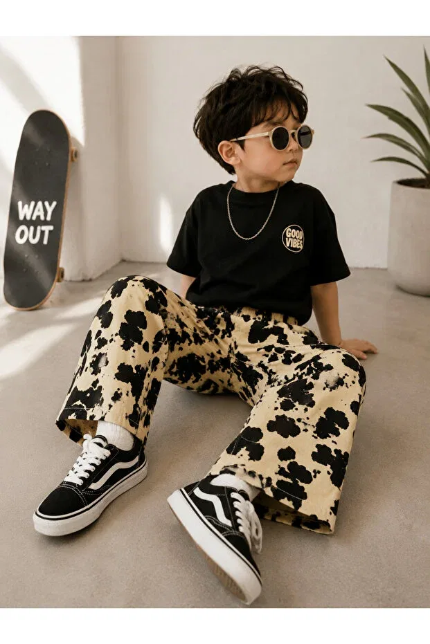 Детские джинсы для девочек с принтом Dalmatian pattern camouflage ballon Saydamoda, Yellow Black — фото 2