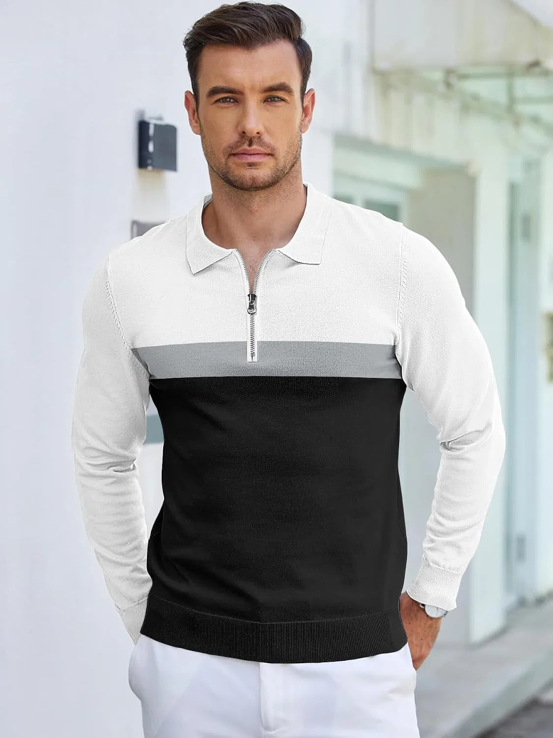 Мужская футболка-поло с принтом, модель Vintage Striped Zipper, чёрный/белый — фото 2