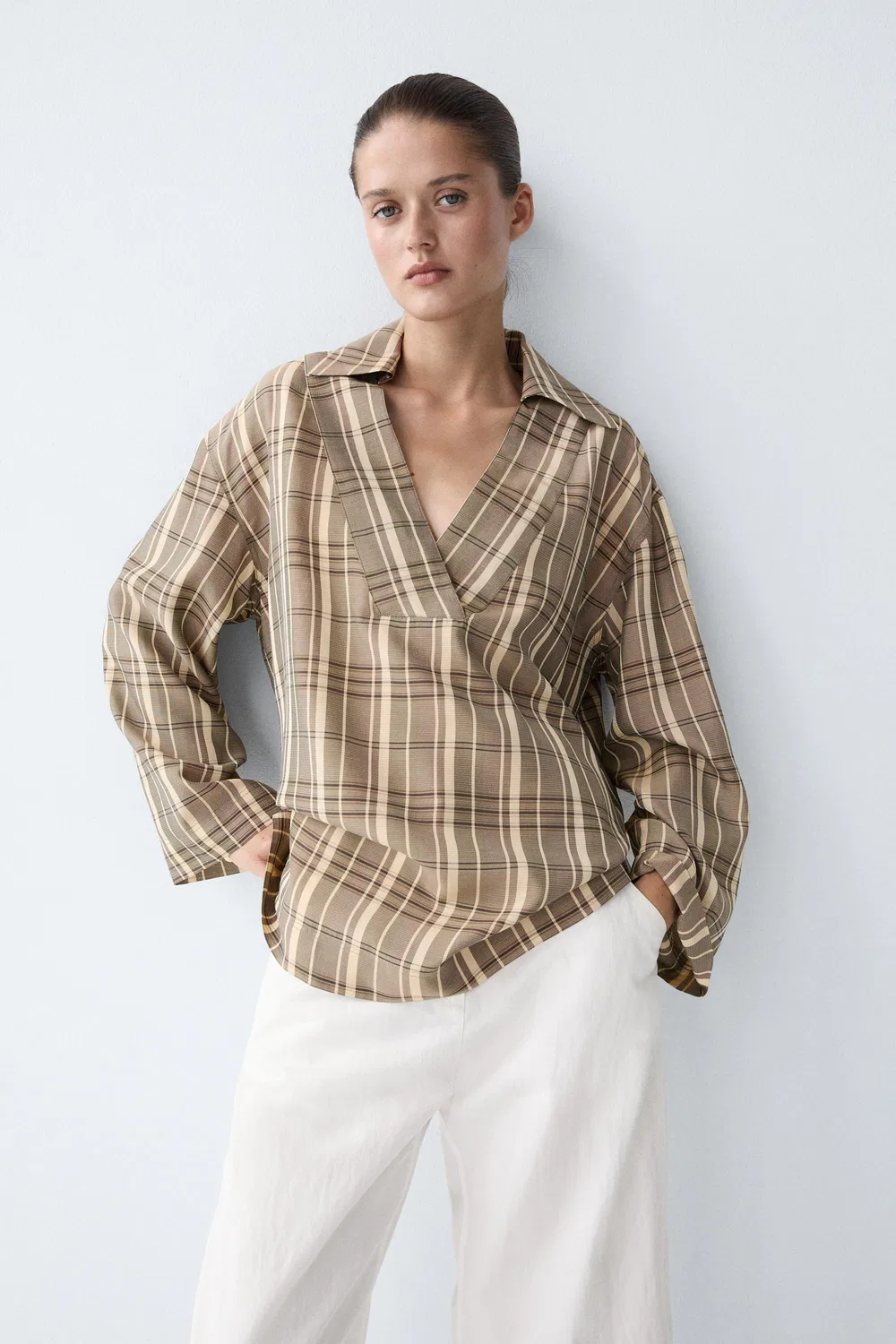 Рубашка-поло Massimo Dutti, оверсайз в клетку, серый — фото 2
