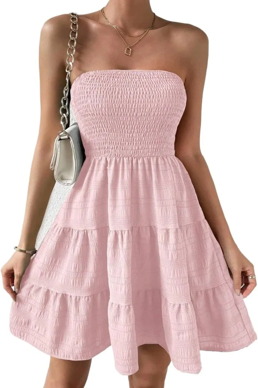 Женское короткое пляжное платье A-силуэта с рюшами, Pink