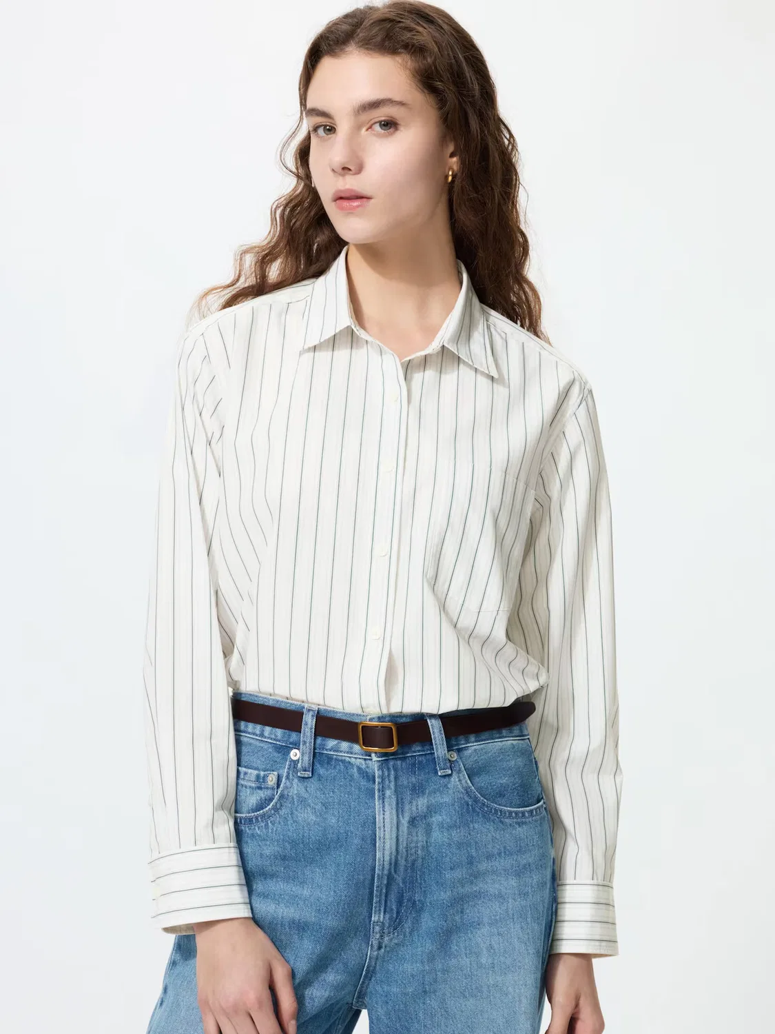 Рубашка Uniqlo из смесовой хлопковой ткани, в полоску, зеленый